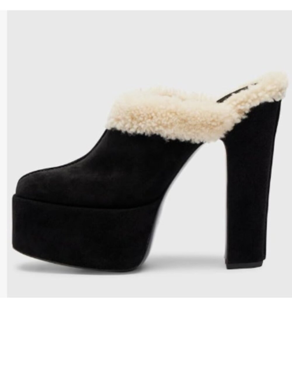 FSJ Black Platform Mules with Shearling Trim Suede Round Toe Chunky Heel Clogs